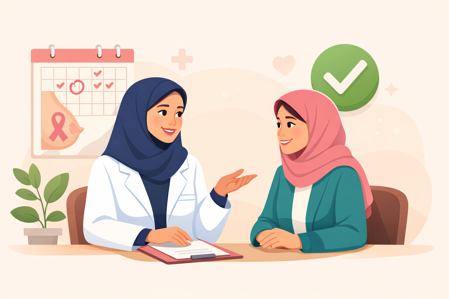 ایلاستریشن وکتور از گفتوگوی زن پزشک و زن مراجعهکننده درباره غربالگری سرطان سینه، همراه با آیکون ماموگرافی و تقویم چکاپ